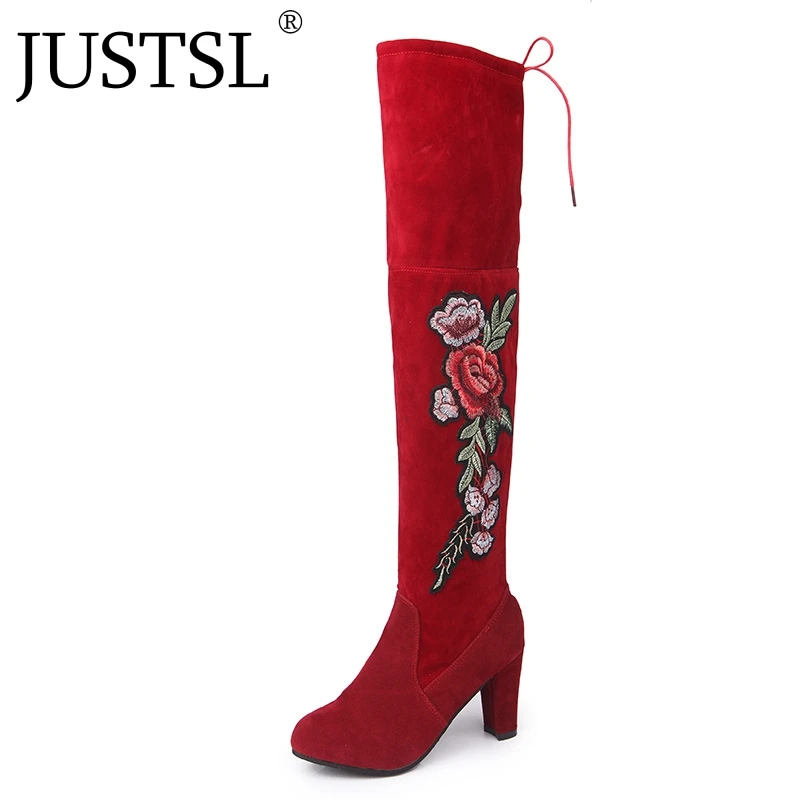 JUSTSL 2018 Новые цветочные вышивки модные женские сапоги круглый носок из флока