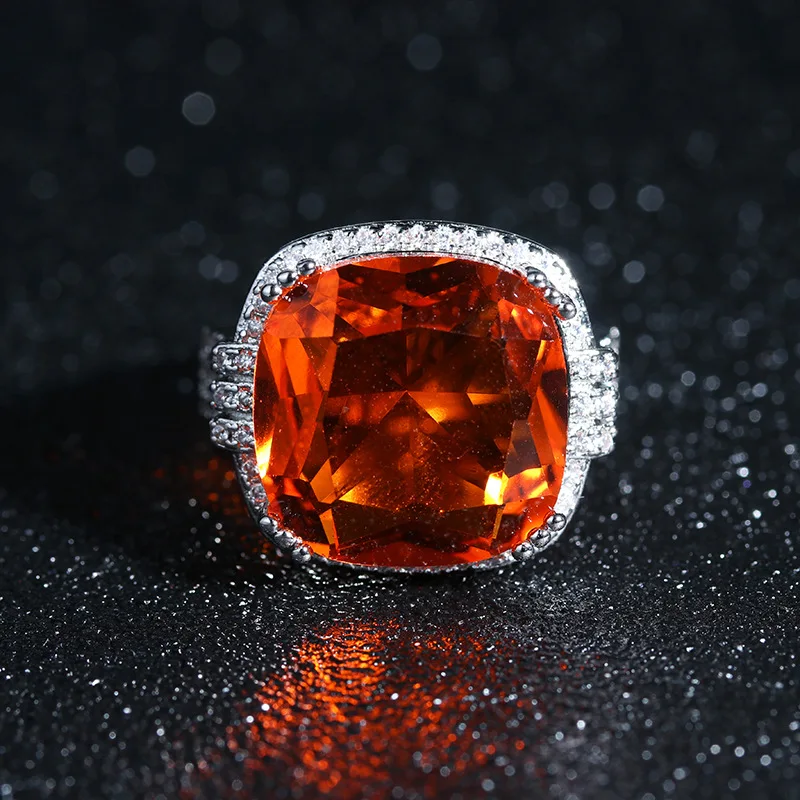 Роскошное Новое 4CT большое шампанское CZ каменное серебряное кольцо с большим одиночным оранжевым кристаллом Роскошные вечерние кольца для женщин 925 серебряные ювелирные изделия