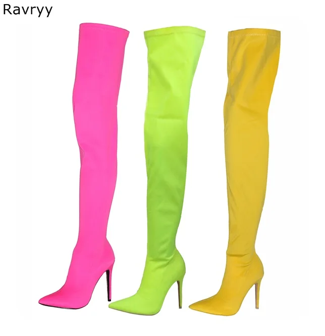Candy Farbe Elastische frau lange stiefel orange rosa grün spitz dünne bein herbst über-die-knie boot modell club weibliche schuhe