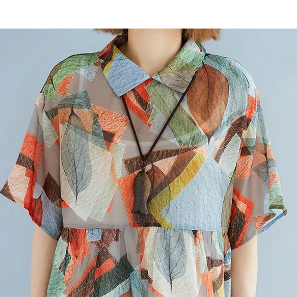 Летние Для женщин Print Draped листьев свободные шифоновое пляжное платье отложным