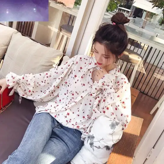 2019 женские шифоновые топы Цветочные с длинным рукавом винтажные Блузки блузки