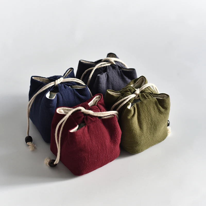 Square Bottom Thicken Linen Jewelry Travel Pouch Cloth Drawstring  Bags Cotton filled Portable Small Cup Tea Set Storage Pouch