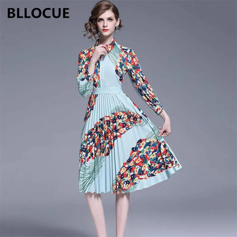 

BLLOCUE New 2020 Autumn Designer Runway Shirt Dress Women's Turn-down Collar Wrist Sleeve Flower Print Casual Dress Vestido