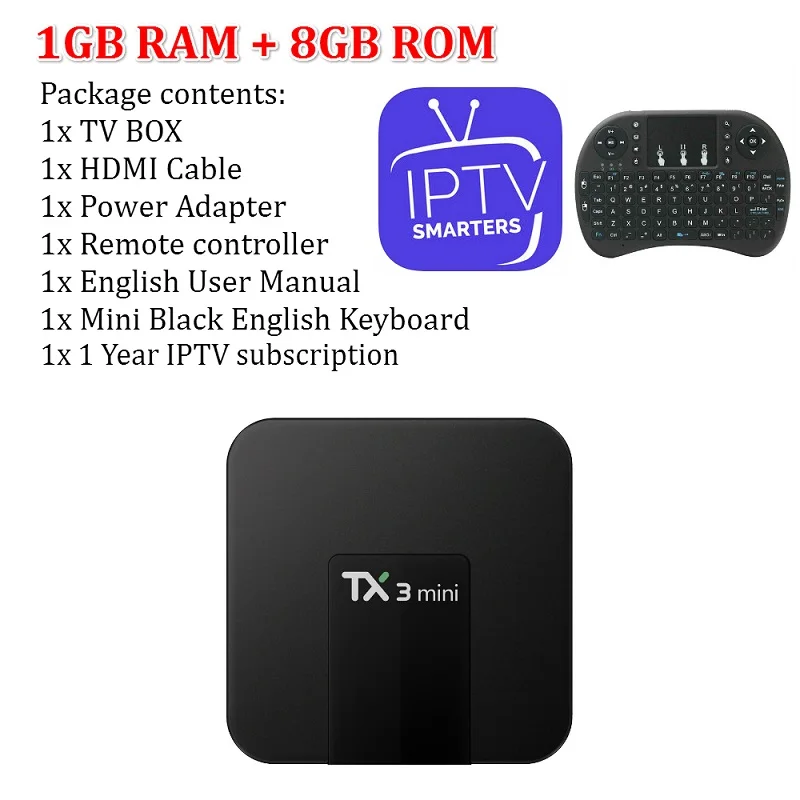 1G with 1 Year IPTV ТВ приставка TX3 мини Android ТВ приставка IP tv Android 7,1 OS 1 ГБ/8 ГБ 2 ГБ/16 ГБ Amlogic S905W четырехъядерный Смарт ТВ приставка 2,4G WiFi медиаплеер - Цвет: 1G with 1 Year IPTV