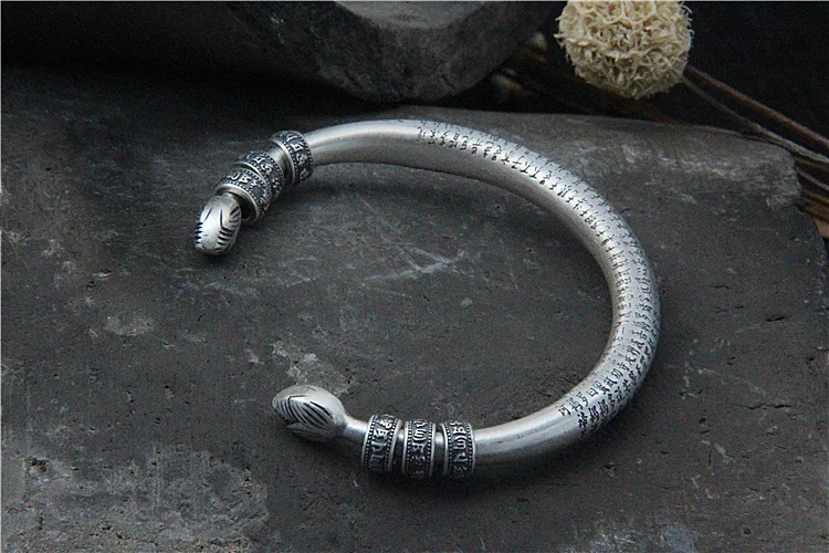 Браслет из тайского серебра S999 в стиле ретро с надписью Six Words|bangles fashion|bangles openbangles