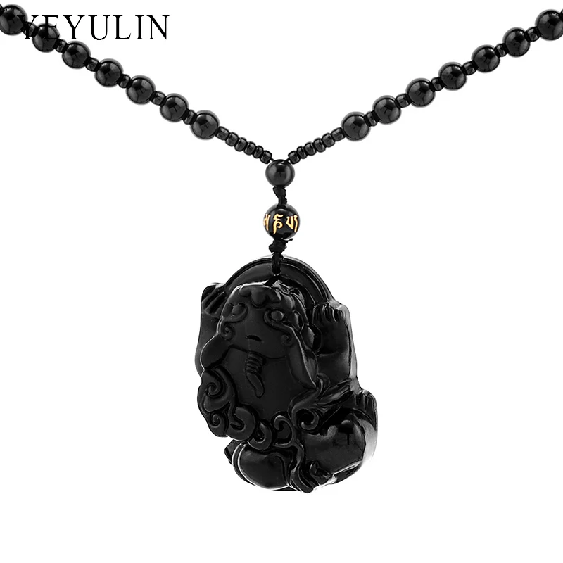 Прекрасная резная искусственная подвеска в виде льва черного обсидиана