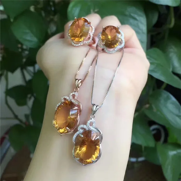 KJJEAXCMY fine jewelry 925 sterling silver inlaid natural citrine female ring + necklace pendant big gem two-piece set | Украшения и
