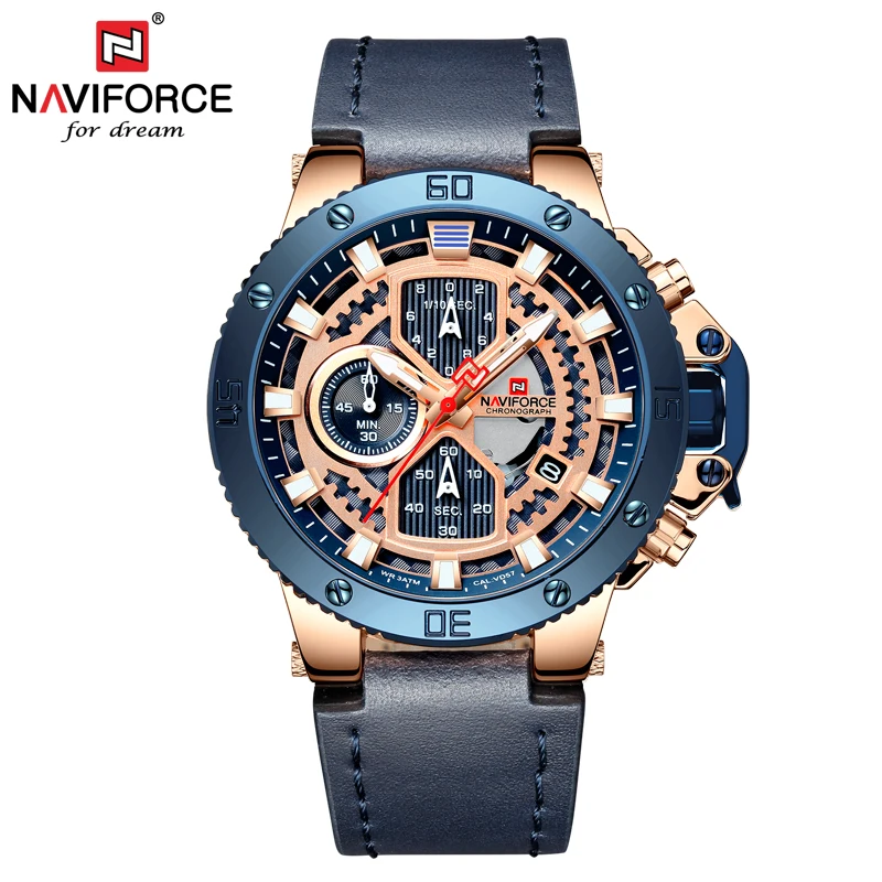 Часы мужские модные спортивные часы NAVIFORCE топ класса люкс кожаные