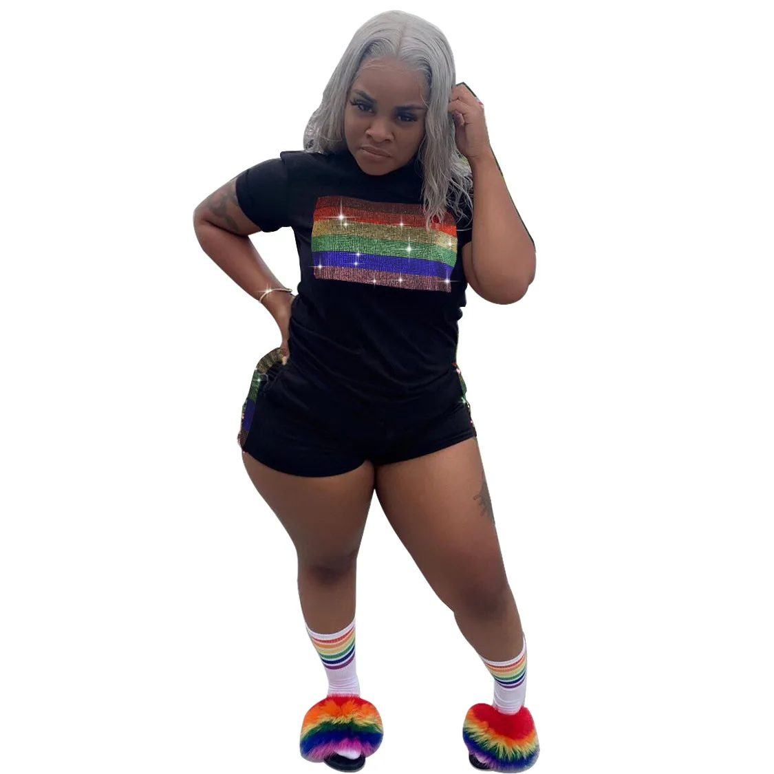 Rainbow Rhinestone Two Piece Summer Clothes for Women Short Sleeve T Shirt+ Bodycon Biker Shorts Plus Size Causal Matching Sets - Цвет: Black