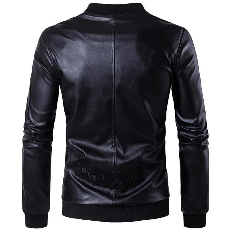 Мужская кожаная куртка бомбер с воротником стойкой вышивкой|men brand leather jacket|men