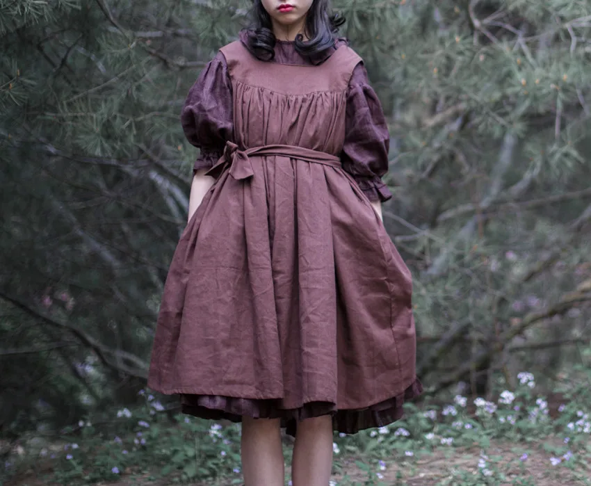 

Льняное винтажное платье Mori Girl на бретелях, свободное платье горничной в стиле "Лолита" без рукавов, с поясом на талии, оранжевое, коричневое, зеленое, бежевое