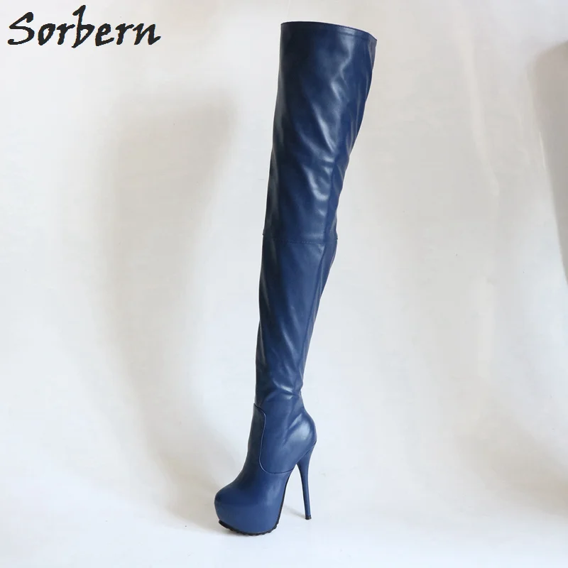 Navy Blue Sorbern; темно-синие женские сапоги до бедра на высоком каблуке-шпильке; обувь на платформе; женская обувь для девочек на заказ; женская обувь на платформе и каблуке - Цвет: Navy Blue