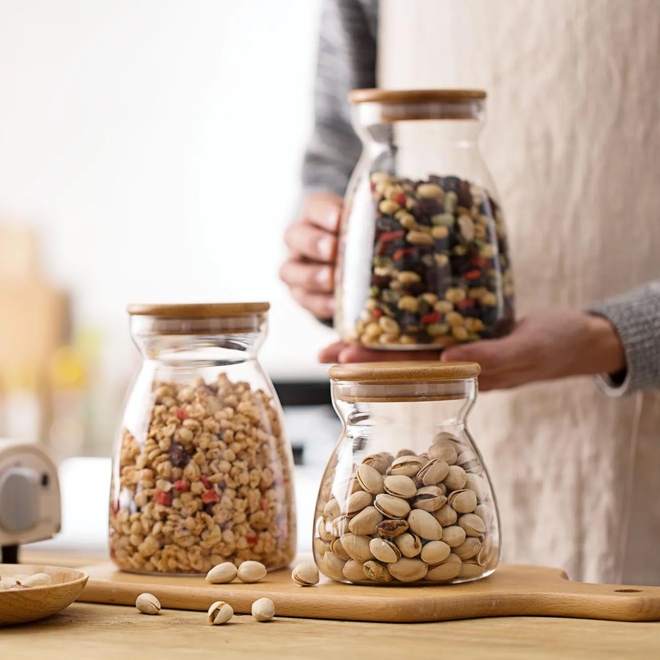 Mason Jar кухонные контейнеры для хранения прозрачного стеклянного банка для хранения еды бутылка деревянная вилка контейнер для крупы кухонный Органайзер