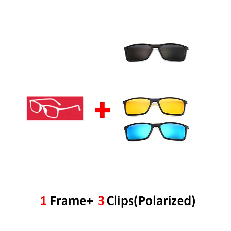 1frame 3clips Multiclip очки рамки клип на магнитные солнцезащитные очки для мужчин женщин поляризованные солнцезащитные очки квадратный Защита от солнца рецепт 8806 - Цвет линз: 1frame 3clips