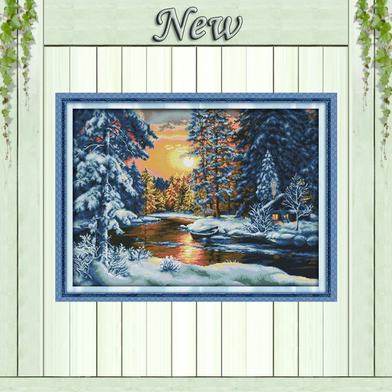 

Sunset snow forest river decor painting counted printed on canvas DMC 14CT 11CT DIY Cross Stitch Embroidery kits Needlework Sets