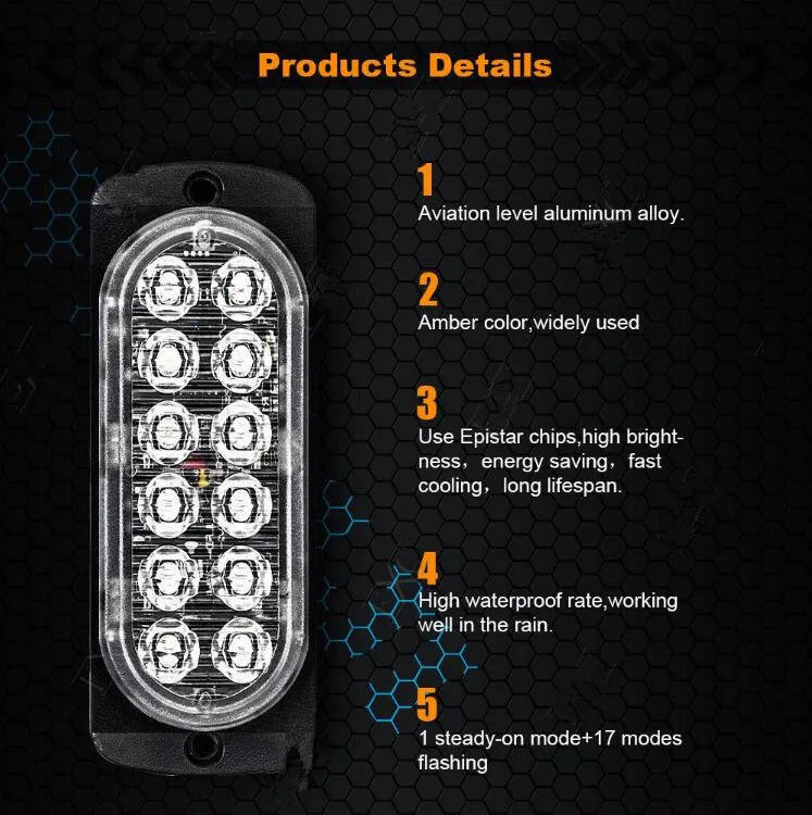 4x12LED Янтарный светильник аварийный предупреждающий стробоскоп мигающий