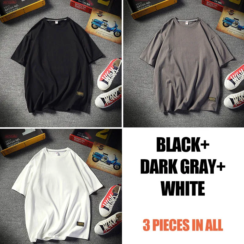 Black-DarkGray-White Распродажа, набор из 3 повседневных футболок, мужская одежда, летняя уличная футболка большого размера с коротким рукавом, простая белая футболка BD105 - Цвет: Black-DarkGray-White