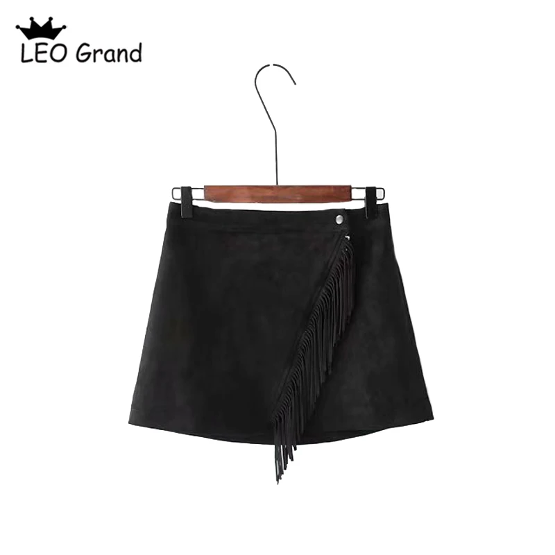 Leo Grand/женские мини-юбки Черный кисточкой дизайн chic line faldas замши уличная юбки mujer