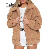 laipelar women faux fur jacket fluffy teddy bear fleece fake fur coat zip pocket long sleeve casual streetwear winter femme