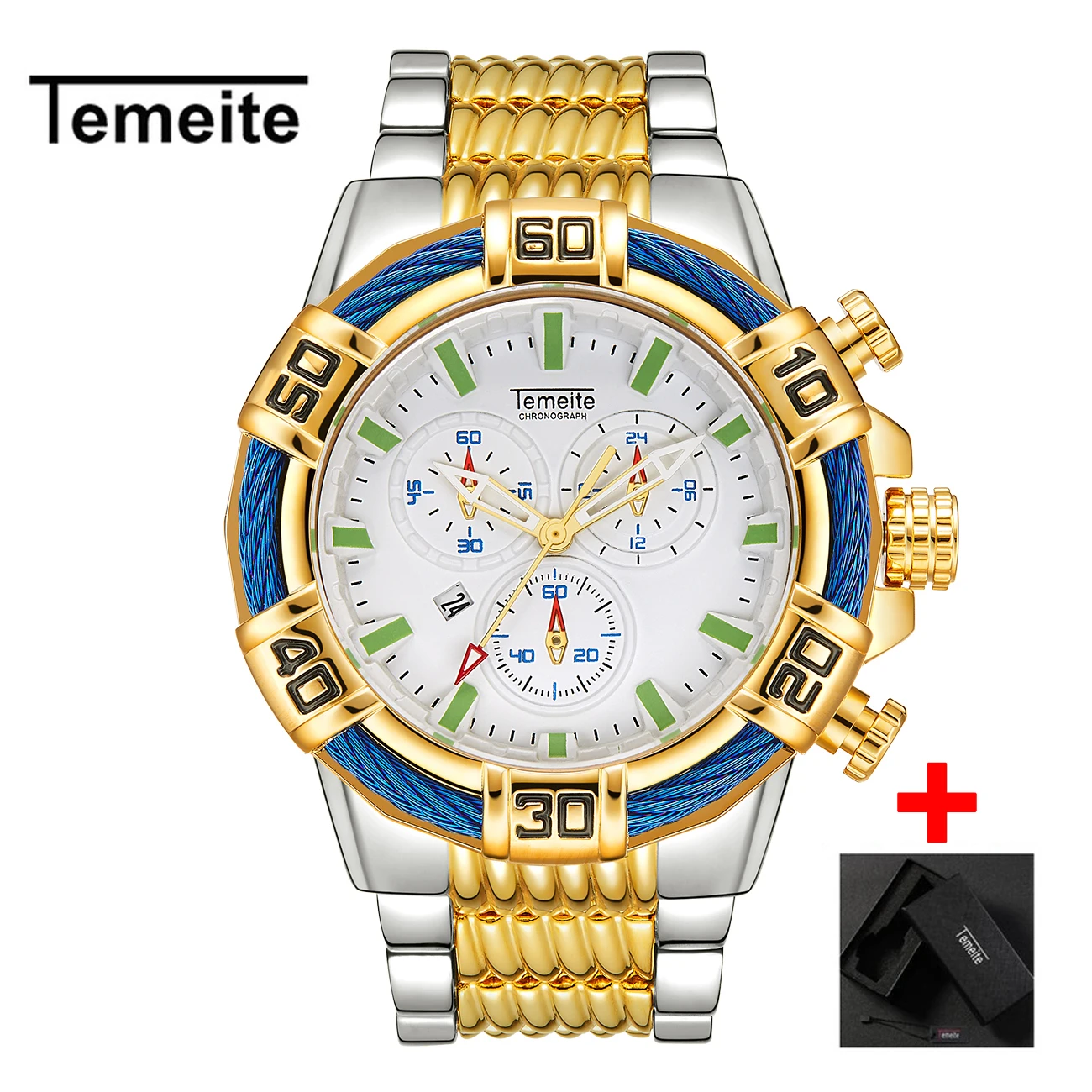 Temeite 12 with box Temeite Relogio Masculino бизнес роскошные золотые кварцевые аналоговые Мужские часы спортивные часы мужские водонепроницаемые военные мужские наручные часы - Цвет: Temeite 12 with box