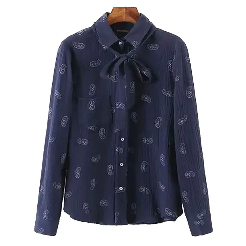 Women paisley print long sleeve blouses navy office vintage shirts turn-down collar bow tie blusa feminina casual tops .27 |