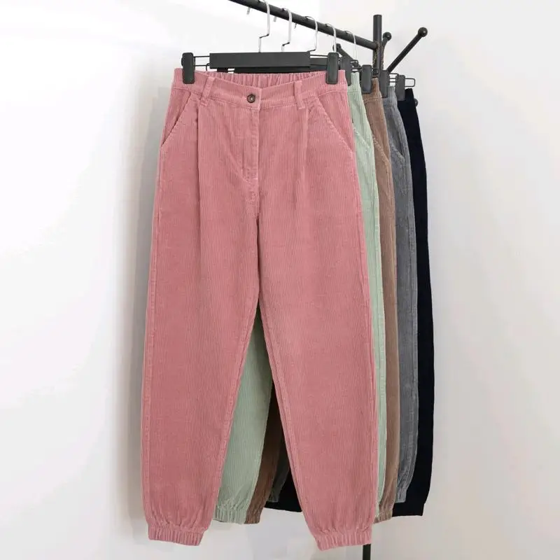 

Women's Vintage Pink Corduroy harem pants female autumn Elastic waist high waist was thin feet pants casual pants trousers