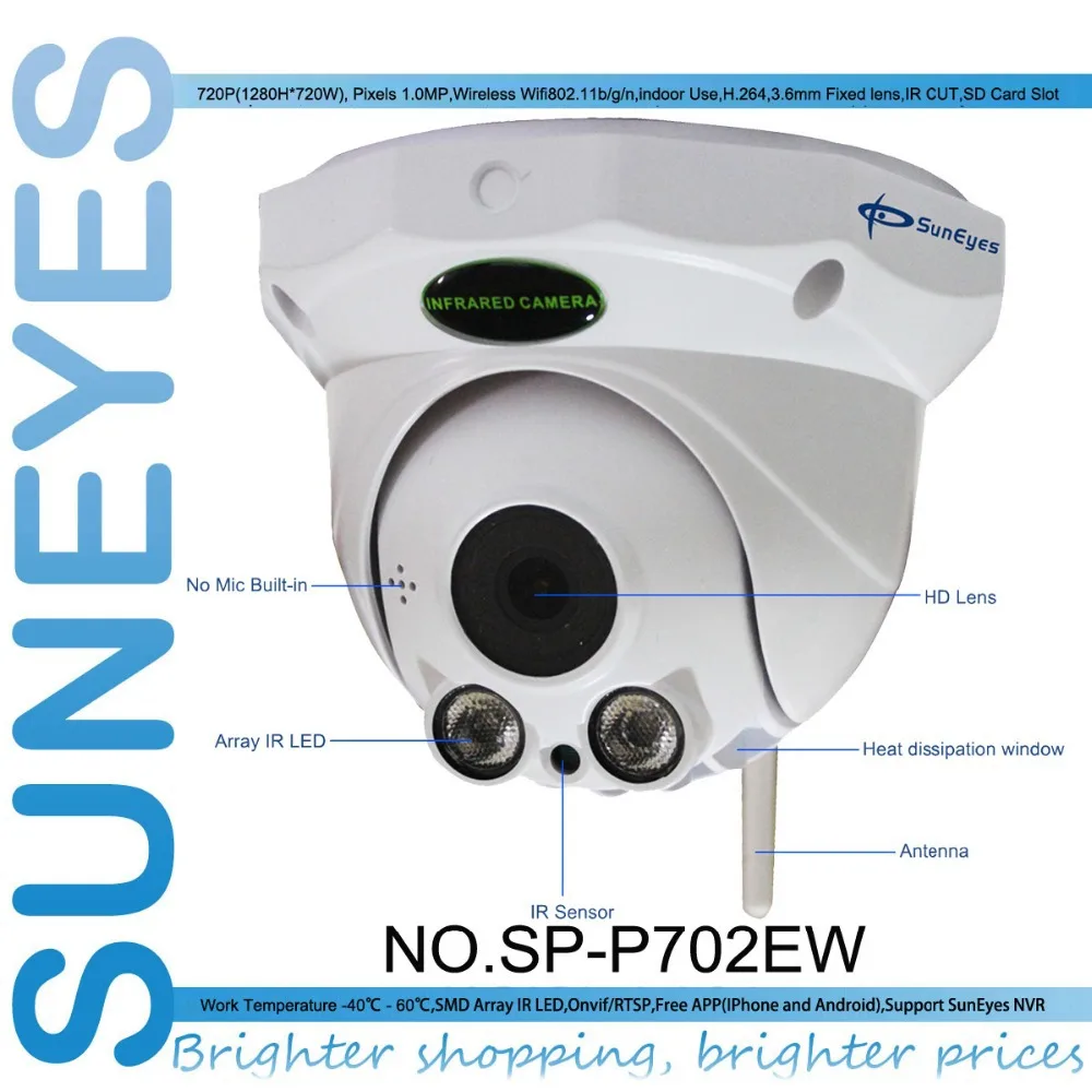 SunEyes SP-P702EW ONVIF 1280*720P 1.0MP HD Wireless Dome IP Network Camera IR Night Vision with Micro SD Slot | Безопасность и