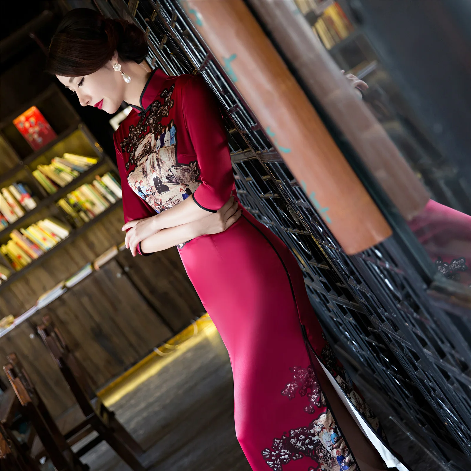 Женское длинное шелковое платье Ципао с длинным рукавом и вышивкой хлопковое