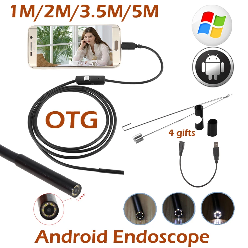 

5,5 мм объектив Android OTG USB эндоскопическая камера 5 м 3,5 м 2 м 1 м смартфон на Android USB бороскоп инспекционная змеиная трубка камера 6 светодиодов