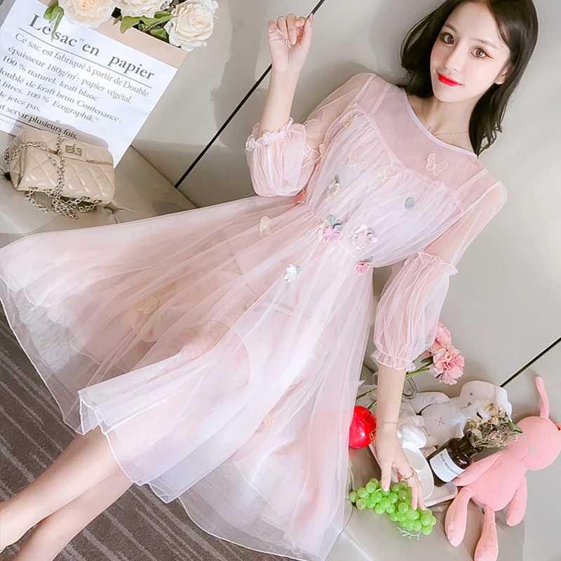 Summer Lantern Sleeve Tulle Fairy Dress Female Flower Mesh Midi Dresses Elegant Vestidos Women Embroidery Butterfly Party | Женская