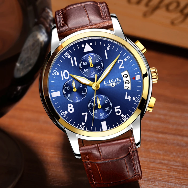 Мужские часы LIGE роскошные повседневные кожаные водонепроницаемые кварцевые для