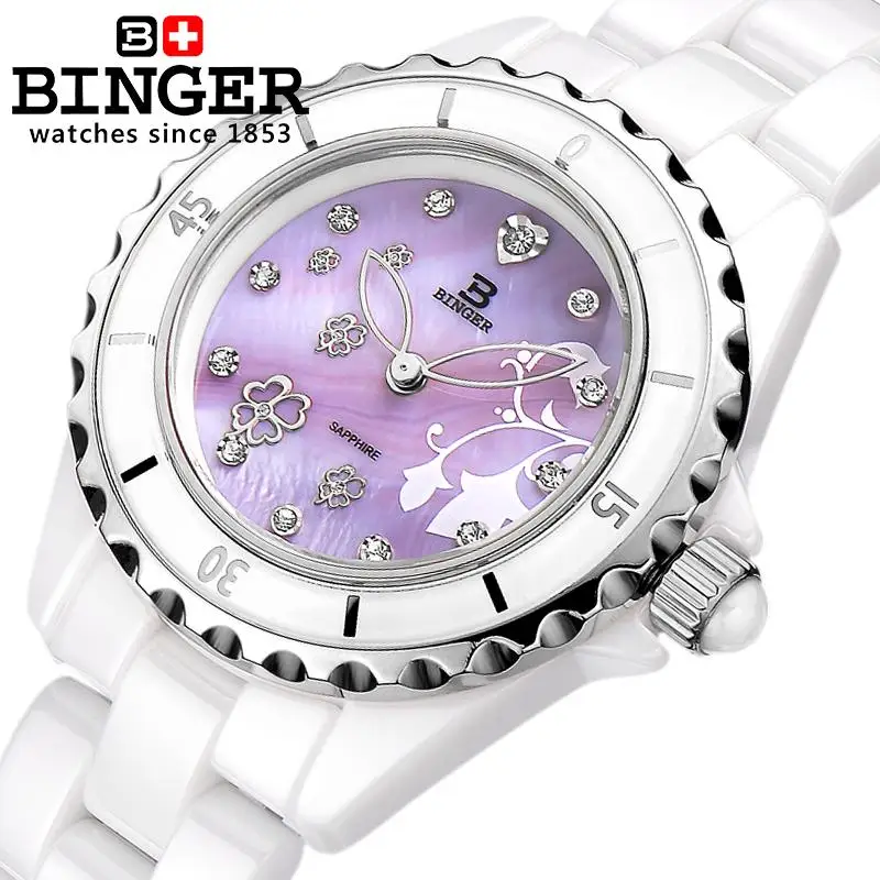 

Switzerland Binger Space ceramic wristwatches fashion quartz Women's watches Round rhinestone clock Water Resistant BG-0412-2