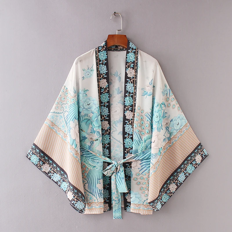 Bella Philosophy summer chiffon bohemian women print blouse sashes casual beach bikini cover kimono batwing sleeve blusas |