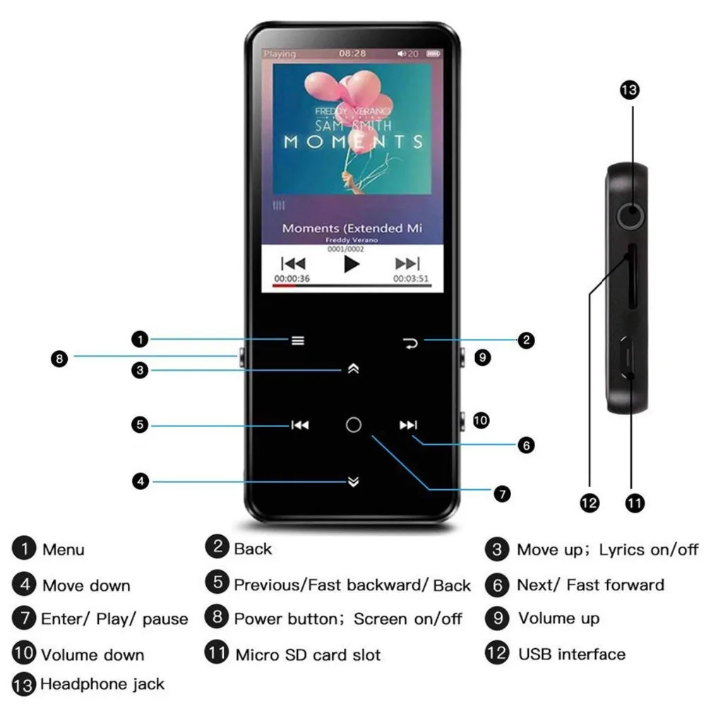 Экран 2,4, 16 ГБ, Lossle, музыкальный mp4-плеер, поддержка Bluetooth 4,0, sd-карта, поддержка до ГБ, fm-радио, встроенный динамик, MP4-плеер