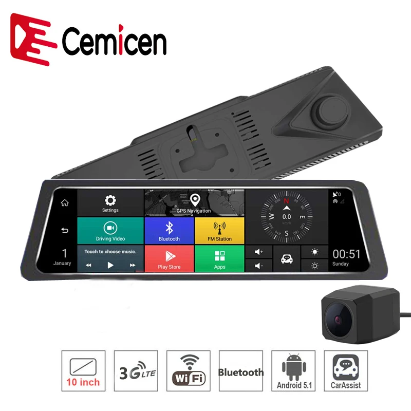Автомобильный видеорегистратор Cemicen 10 дюймов 3G Android 5 1 сенсорное зеркало заднего