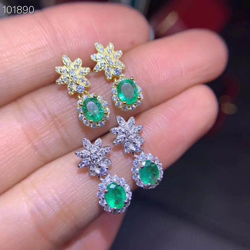 Серьги с натуральным зеленым изумрудом красивые серебряные украшения подарок на