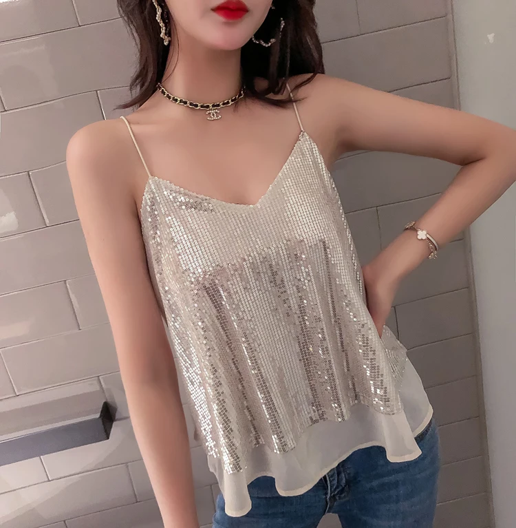 Сексуальная Женская майка, расшитая блестками, Camisoles Paillette Tee, Женская майка, жилет на тонких бретельках, Клубная одежда, женские летние майки, блузка
