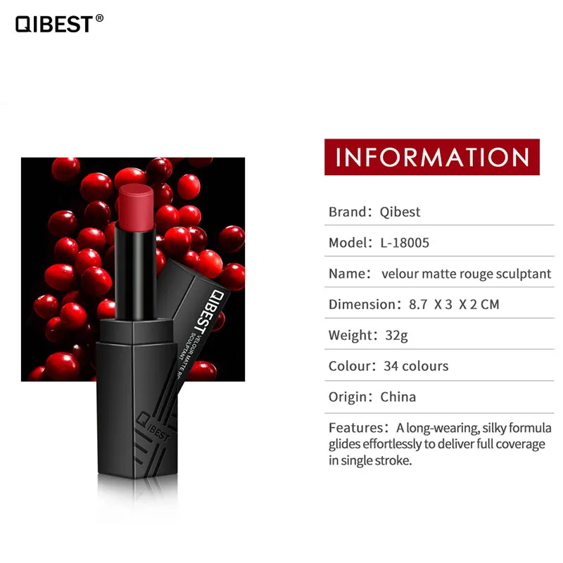 

Qibest 34 Sexy Colors Nude Matte Lipstick Matte Velvet Lipstick Beauty Red Lips Batom Cosmetic Long-lasting Makeup