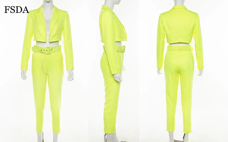 FSDA Neon Suit Set Terno Women Two Piece Set Office V Neck Blazer And Long Pant With Sashes Elegant Long Sleeve Top Spring