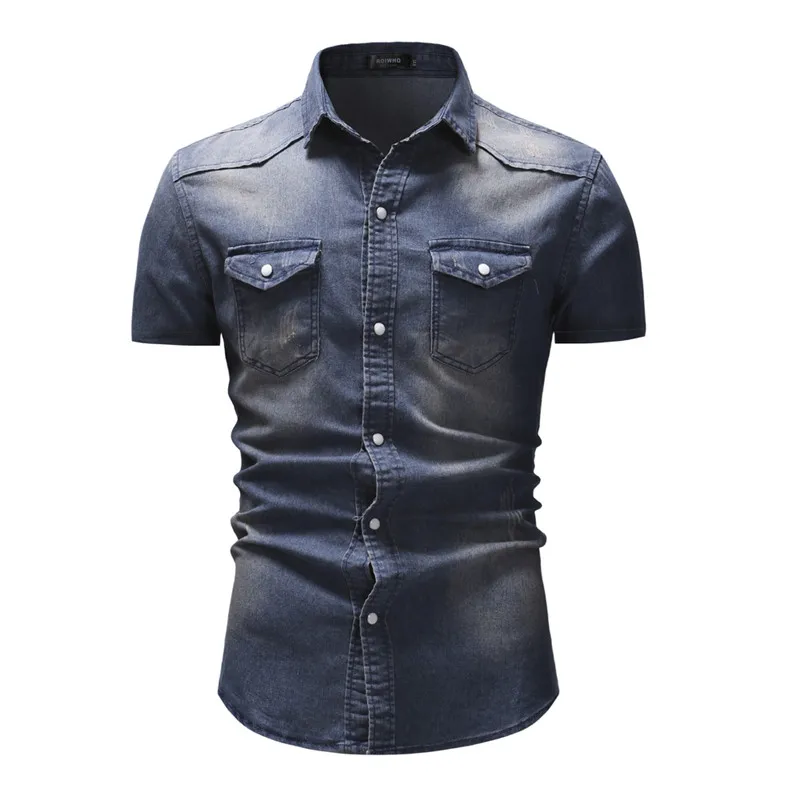 dark blue HuLooXuJi Новая мужская джинсовая рубашка летний пляжный стиль короткий рукав Повседневная рубашка с линялым эффектом хлопковые мужские шорты рубашки US Размер: M-3XL - Цвет: dark blue