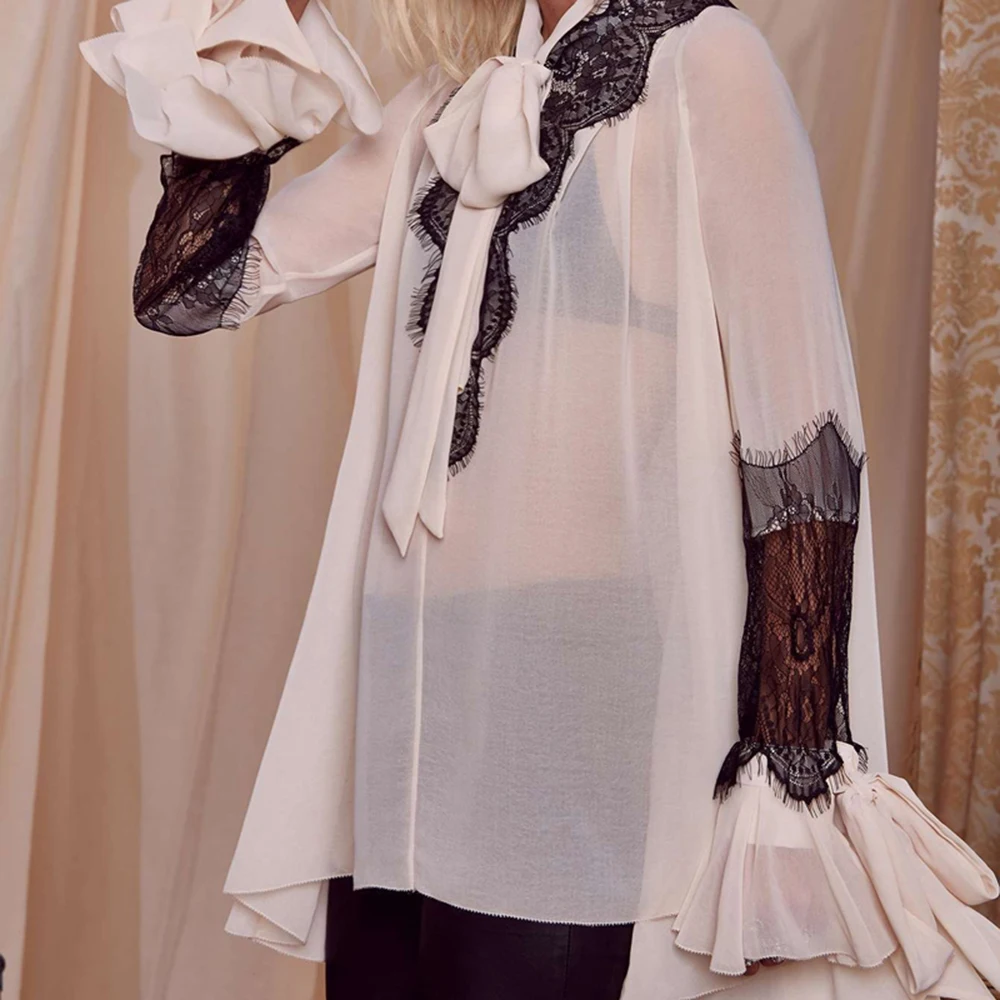 HYH haoyihui однотонные белые женские блузки кружева лоскутное глубокий v-образным