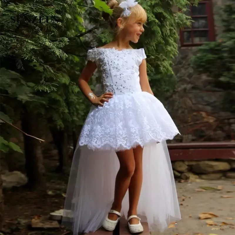 

pageant dress for girl lace applique sequin tulle hi-lo short flower girls dress princess drees brithday party dress