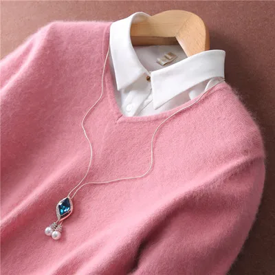 Leather Pink Новинка, осень и зима, Модный женский сексуальный бархатный вязаный Однотонный свитер с v-образным вырезом, пальто, рубашка, вязаный кашемировый свитер - Цвет: Leather Pink