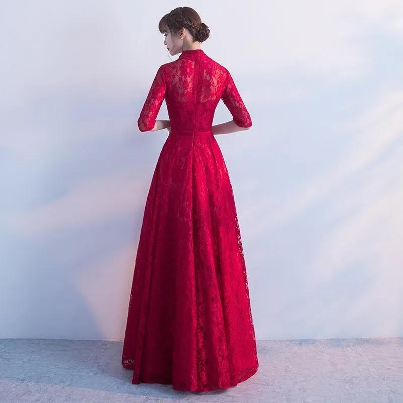 Кружево Qipao Длинные невесты свадебное вечернее платье современные китайские