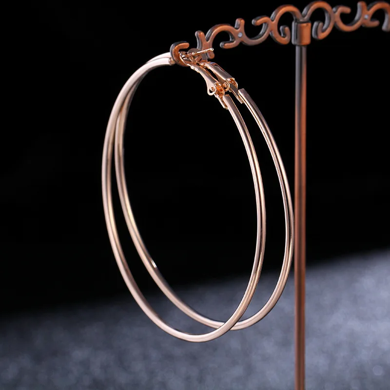 rose gold Четыре цвета, трендовые классические Гипербола из нержавеющей стали, большие серьги-кольца для женщин, большие гладкие круглые серьги-петли, размер 30-100 мм - Окраска металла: rose gold
