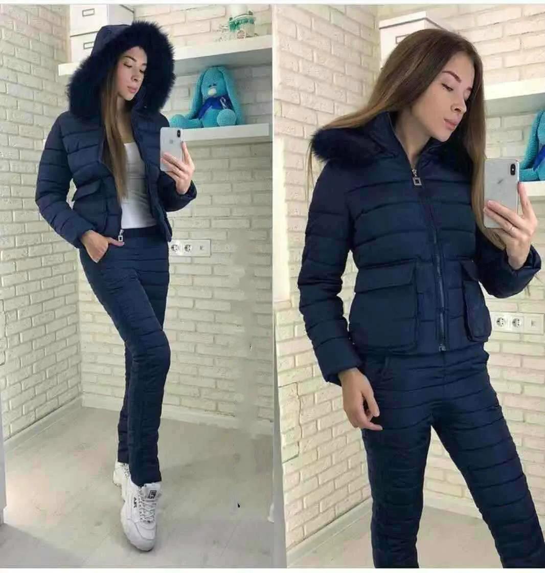 Синий Комплекты из 2 предметов, зимние однотонные костюмы с хлопковой подкладкой, женские повседневные куртки с капюшоном, пальто с карманом и штаны, теплый модный спортивный костюм - Цвет: Синий