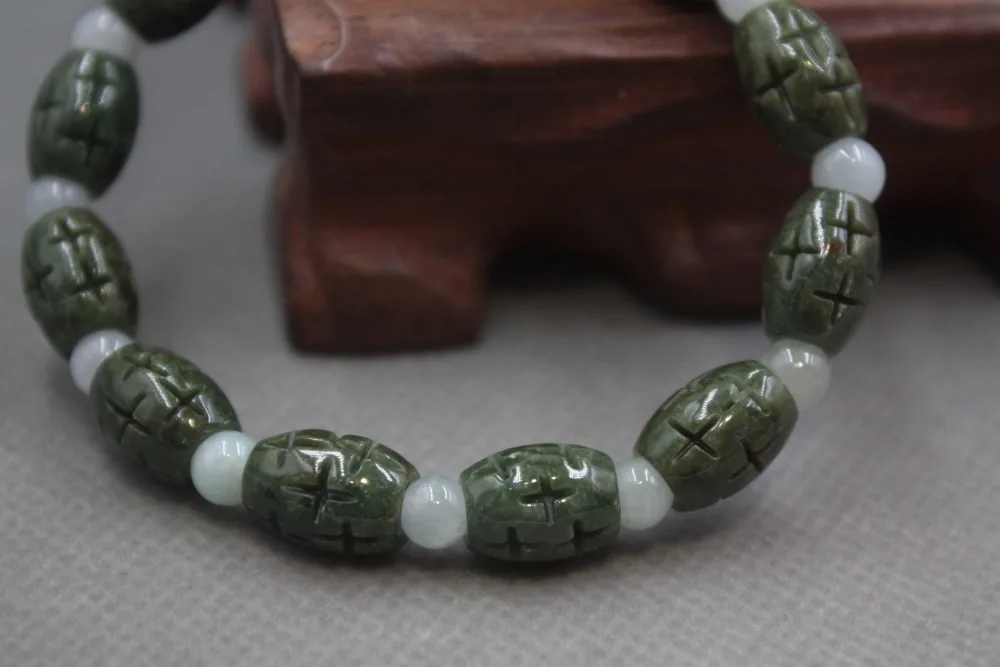 

New A Grade Green Jade Jadeite Women Hollow Oval Carved Bead Bracelet 12x9mm