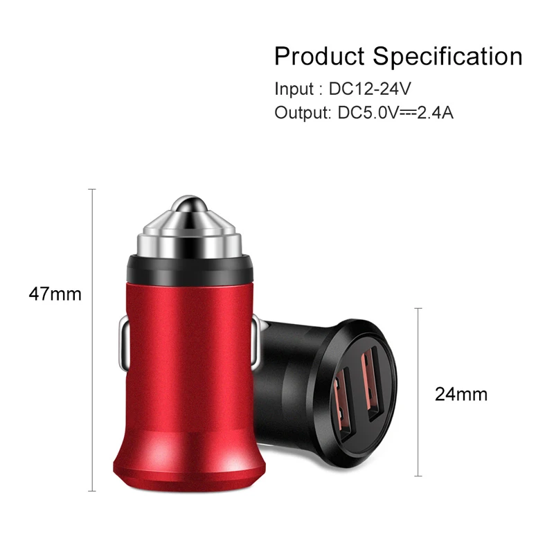 Металлическое зарядное устройство 5V 2.4A USB для автомобильного прикуривателя
