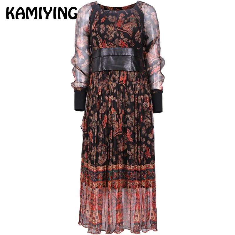KAMIYING,, настоящее шелковое платье, лоскутное, овчина, Ретро стиль, с принтом, элегантные дворцовые платья, макси, для девушек, кожа, Vestido PKHC538