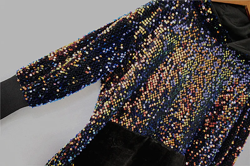

Spring Autumn Women Oversized Street Chic Sequined Hooded Long Design Jumpers Hoodies Top